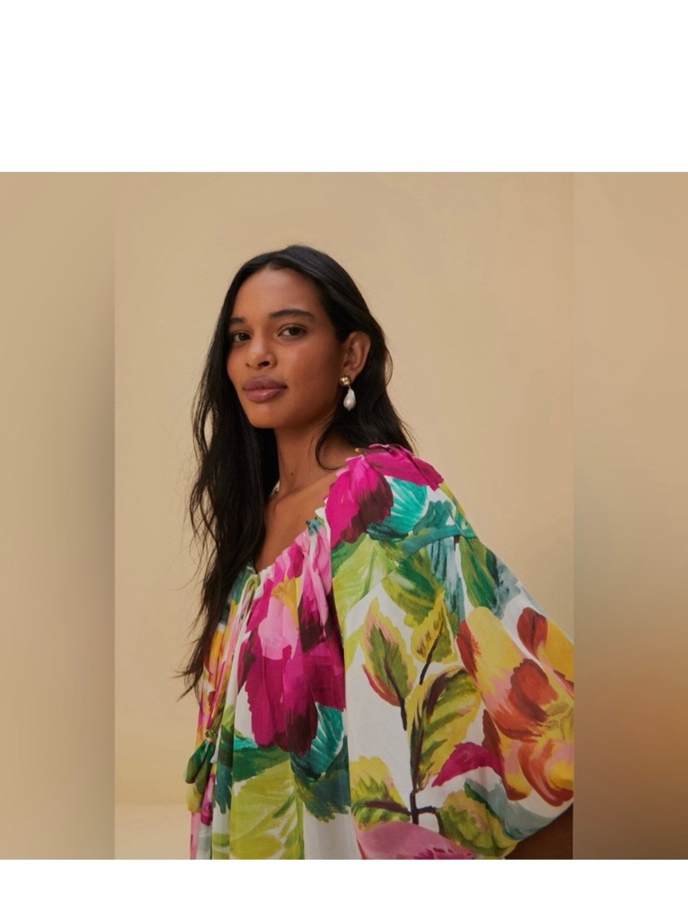 FARM Rio Tropical Pained Floral Puff-Sleeve Maxi Dress in Pink, Green & Yellow - Picture 2 of 8